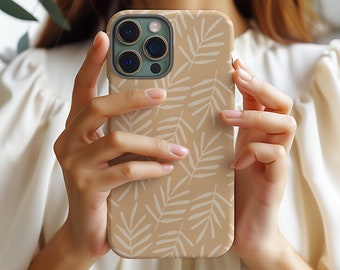 Boho Fern Coffee Brown Beige Designer Tough Phone Case iPhone 16 16e 15 14 13 12 Mini Pro Max Samsung Galaxy S25 S24 S23 S22 ultra pixel 9