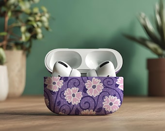 Purple Floral Unique AirPods 1 2 3 4 Pro Case With Keychain | Cute Kawaii Designer Apple AirPods 1st 2nd 3rd 4th Generation