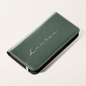 Cartera personalizada con nombre y tarjetero de piel sintética vegana para iPhone 16, 15, 14, 13, 12, 11 Pro, Samsung Galaxy S25, S24, S23 Plus Ultra