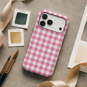 Pink Checkered Gingham Kawaii Cute Phone Case iPhone 17 Air 17e 16 16e 15 14 13 12 Pro Max Samsung Galaxy S26 S25 S24 S23 fe ultra pixel 10