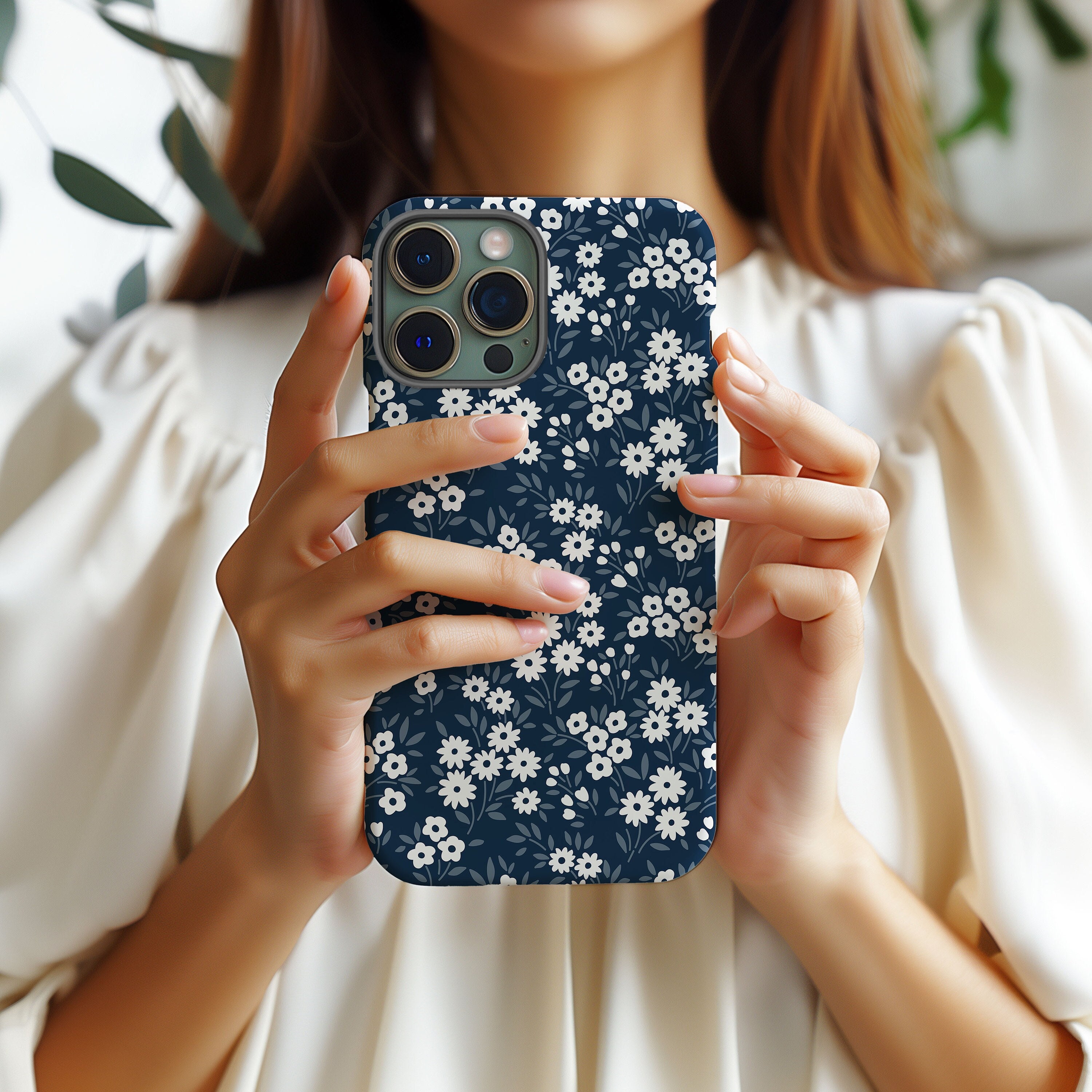 Navy Blue Flower Kawaii Preppy Phone Case | iPhone 16 16e 15 14 13 12 Pro Max Samsung Galaxy S25 S24 S23 S22 S21 fe ultra pixel 9 8 7 6 XR