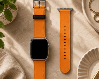 Cadmium Orange Solid Minimalist Apple Watch Band | Vegan Faux Leather Strap | Series 3 4 5 6 7 8 9 10 11 SE Ultra iWatch Band