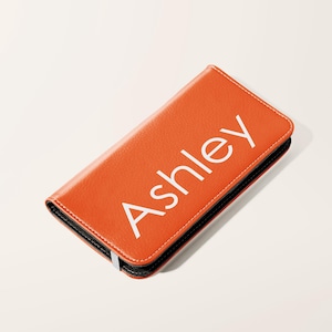 Cartera personalizada con nombre y tarjetero de piel sintética vegana para iPhone 16, 15, 14, 13, 12, 11 Pro, Samsung Galaxy S25, S24, S23 Plus Ultra