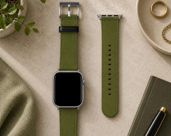Soldier Green Solid Minimalist Apple Watch Band, Vegan Faux Leather Strap, Series 3 4 5 6 7 8 9 10 11 SE Ultra iWatch Band