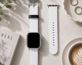 Azure White Solid Minimalist Apple Watch Band | Vegan Faux Leather Strap | Series 3 4 5 6 7 8 9 10 11 SE Ultra iWatch Band