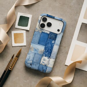 Custodia per telefono esteticamente carina con collage patchwork blu per iPhone 17 Air 17e 16 16e 15 14 13 Pro Max Samsung Galaxy S26 S25 S24 S23 fe ultra pixel 10