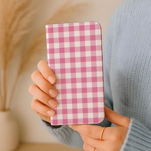Pink Checkered Gingham Wallet Flip Phone Case | Faux Leather Card Holder Case iPhone 16 15 14 13 Pro Samsung Galaxy S25 S24 S23 Plus Ultra