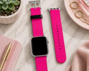 Bright Pink Solid Minimalist Apple Watch Band | Vegan Faux Leather Strap | Series 3 4 5 6 7 8 9 10 11 SE Ultra iWatch Band