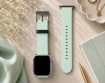 Mint Green Solid Minimalist Apple Watch Band, Vegan Faux Leather Strap, Series 3 4 5 6 7 8 9 10 11 SE Ultra iWatch Band