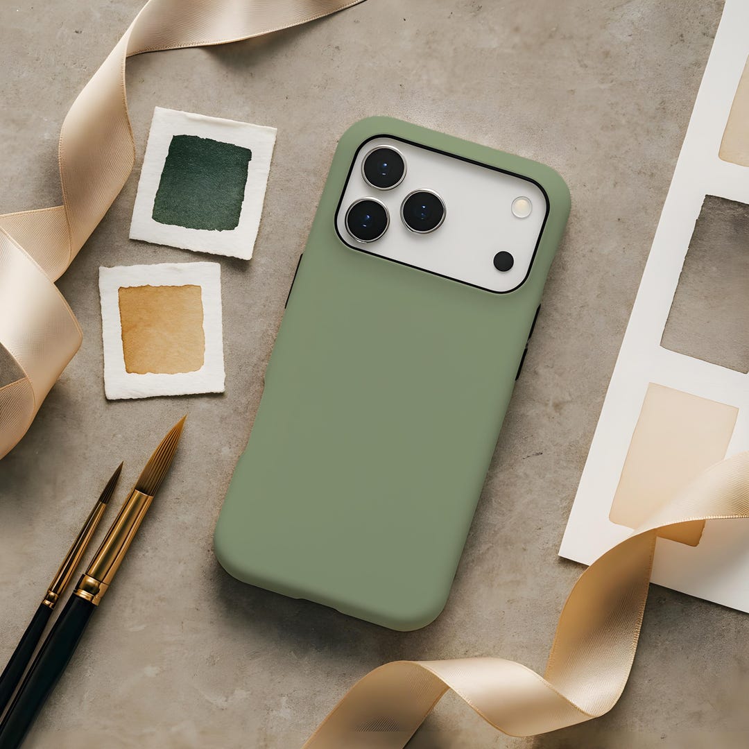セージグリーンのミニマリスト風デザイン、丈夫なスマホケース