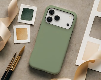 グリーンスマートフォン ケース付き セージグリーンのミニマリスト風デザイン、丈夫なスマホケース