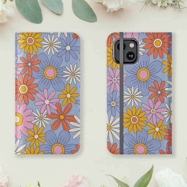 Retro Groovy Floral Wallet Phone Case | Faux Leather 70s 80s Phone Case iPhone 15 14 13 12 11 Mini Pro Max Samsung Galaxy S24 S23 S22 ultra