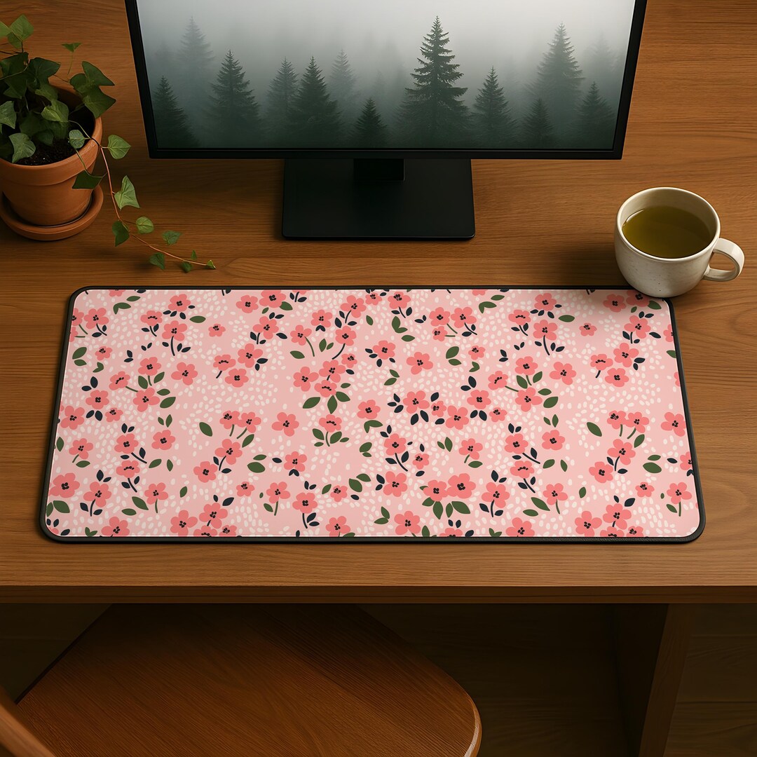 Pink Floral Botanical Desk Mat | Aesthetic Gaming Desk Mat | Kawaii ...