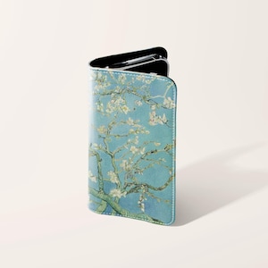 Capa carteira para celular com arte de amendoeira em flor de Van Gogh, em couro vegano, compatível com iPhone 18, 17, 16, 15 Pro e Samsung Galaxy S26, S25, S24 Plus e Ultra.