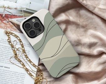 May include: A smartphone case featuring an abstract pattern of sage green and cream wavy shapes accented by thin black lines. The case has a cutout for a triple-lens camera system and is accompanied by a gold-toned metal chain necklace.