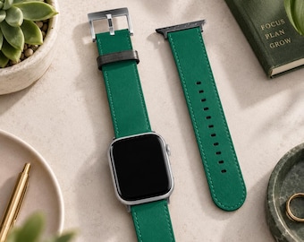 Bottle Green Solid Minimalist Apple Watch Band, Vegan Faux Leather Strap, Series 3 4 5 6 7 8 9 10 11 SE Ultra iWatch Band
