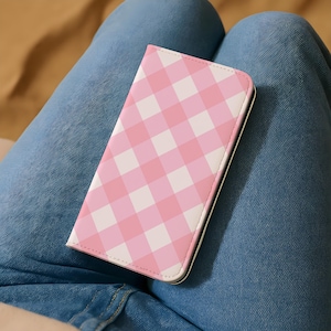 Pink Checkered Gingham Wallet Flip Phone Case | Faux Leather Card Holder Case iPhone 16 15 14 13 Pro Samsung Galaxy S25 S24 S23 Plus Ultra