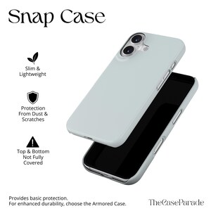 May include: A light grey snap case for a smartphone, shown from the back and front. Text includes Snap Case, Slim & Lightweight, Protection From Dust & Scratches, Top & Bottom Not Fully Covered, Provides basic protection, and TheCaseParade.