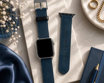 Yankees Blue Solid Minimalist Apple Watch Band | Vegan Faux Leather Strap | Series 3 4 5 6 7 8 9 10 11 SE Ultra iWatch Band