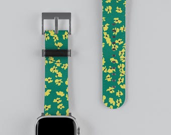 Green Floral Flower Minimalist Apple Watch Band, Vegan Faux Leather Strap, Series 3 4 5 6 7 8 9 10 11 SE Ultra iWatch Band