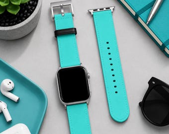 Turquoise Solid Minimalist Apple Watch Band, Vegan Faux Leather Strap, Series 3 4 5 6 7 8 9 10 11 SE Ultra iWatch Band