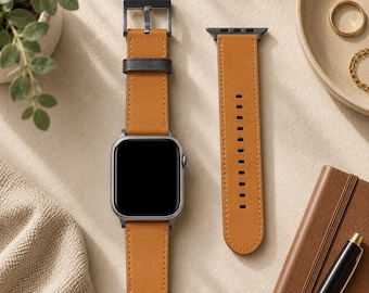 Bronze Yellow Solid Minimalist Apple Watch Band | Vegan Faux Leather Strap | Series 3 4 5 6 7 8 9 10 11 SE Ultra iWatch Band