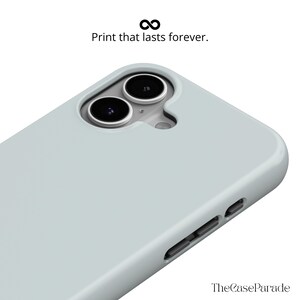 May include: A light grey smartphone case with a dual-camera cutout and side buttons. Above the case, the text reads "Print that lasts forever." with an infinity symbol. The bottom right corner displays the text "TheCaseParade".