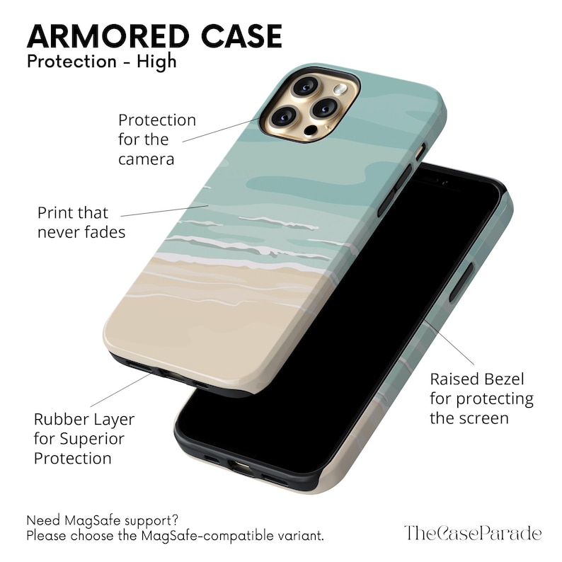Może przedstawiać: Opancerzone etui na telefon z motywem plaży. Etui ma jasnoniebieskie niebo, białe fale i piaszczystą plażę. Etui ma gumową warstwę dla doskonałej ochrony i podwyższoną ramkę chroniącą ekran.