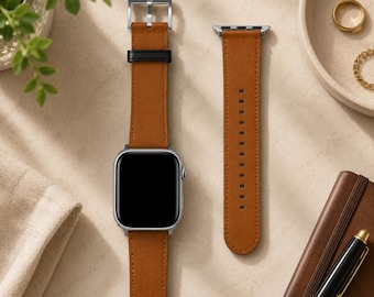 Saddle Brown Solid Minimalist Apple Watch Band | Vegan Faux Leather Strap | Series 3 4 5 6 7 8 9 10 11 SE Ultra iWatch Band
