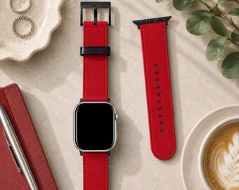 Lava Red Solid Minimalist Apple Watch Band | Vegan Faux Leather Strap | Series 3 4 5 6 7 8 9 10 11 SE Ultra iWatch Band