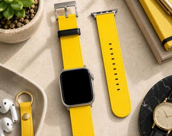 Yellow Solid Minimalist Apple Watch Band | Vegan Faux Leather Strap | Series 3 4 5 6 7 8 9 10 11 SE Ultra iWatch Band