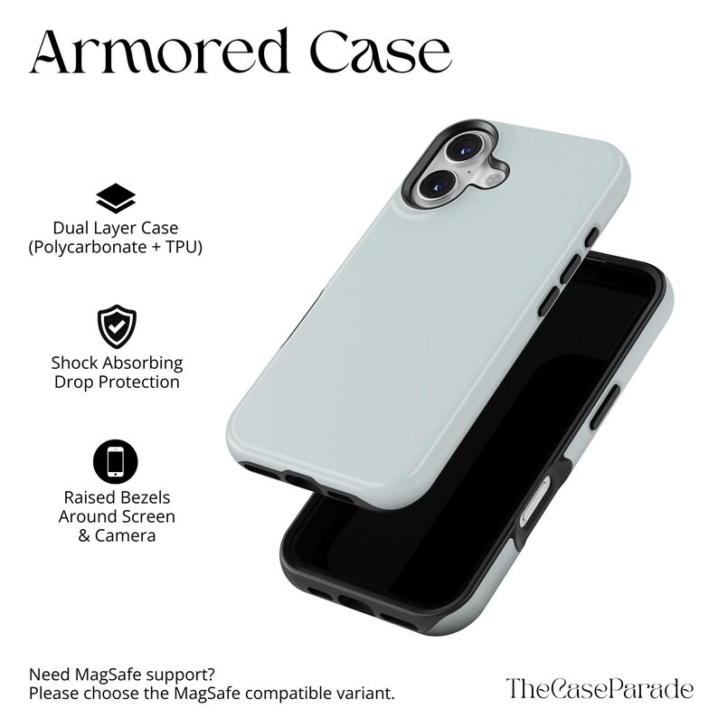 May include: A light grey dual-layer phone case with a black interior, featuring shock-absorbing drop protection and raised bezels around the screen and camera. The text reads Armored Case, Dual Layer Case, and TheCaseParade.