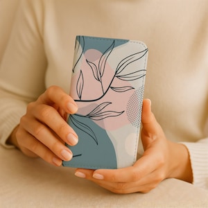 Pink Blue Boho Abstract Wallet Phone Case, Vegan Leather Card Holder Case Samsung Galaxy S26 S25 S24 Plus Ultra iPhone 17 16 15 14 13 Pro
