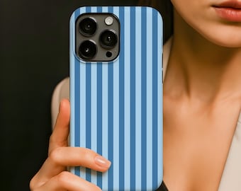 Coque de téléphone à rayures bleues, style preppy kawaii, compatible avec iPhone 18, 17 Air, 17e, 16, 15, 14 Pro Max, Samsung Galaxy S26, S25, S24, S23 FE Ultra, Pixel 11 et 10.