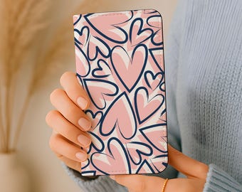 Hearts Valentine Girly portemonnee telefoonhoesje, veganistisch leren kaarthouder hoesje iPhone 17 16 15 14 13 Pro Samsung Galaxy S26 S25 S24 Plus Ultra