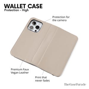Może przedstawiać: Beżowe etui portfelowe na smartfona z wycięciem na aparat, oznaczone tekstem obejmującym WALLET CASE, Protection - High, Protection for the camera, Premium Faux Vegan Leather, Print that never fades oraz TheCaseParade.