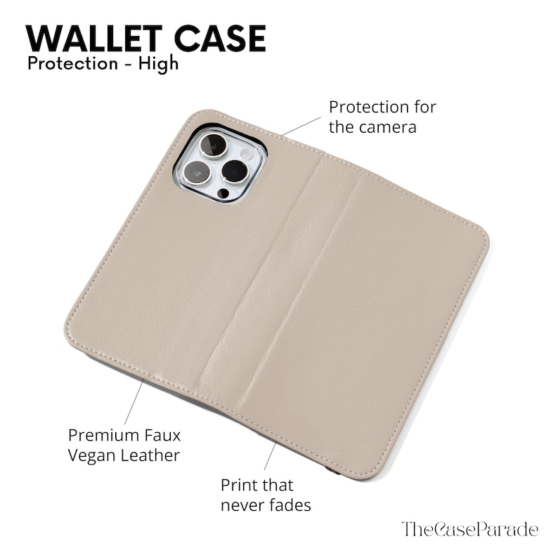 Może przedstawiać: Beżowe etui portfelowe na smartfona z wycięciem na aparat, oznaczone tekstem obejmującym WALLET CASE, Protection - High, Protection for the camera, Premium Faux Vegan Leather, Print that never fades oraz TheCaseParade.