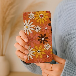 Funda para teléfono tipo cartera con diseño floral retro vintage naranja, tarjetero de piel vegana para iPhone 17, 16, 15 y 14 Pro, Samsung Galaxy S26, S25 y S24 Plus Ultra