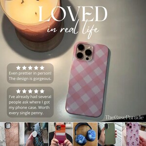 May include: A pink and white gingham patterned phone case with a triple camera cutout. The image includes text overlays reading LOVED in real life, TheCaseParade, and two five-star reviews praising the design and quality of the product.