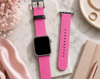 Hot Pink Solid Minimalist Apple Watch Band | Vegan Faux Leather Strap | Series 3 4 5 6 7 8 9 10 11 SE Ultra iWatch Band
