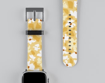 Yellow Floral Flower Minimalist Apple Watch Band, Vegan Faux Leather Strap, Series 3 4 5 6 7 8 9 10 11 SE Ultra iWatch Band