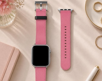 Charm Pink Solid Minimalist Apple Watch Band | Vegan Faux Leather Strap | Series 3 4 5 6 7 8 9 10 11 SE Ultra iWatch Band
