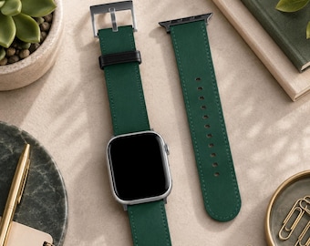 Deep Green Solid Minimalist Apple Watch Band, Vegan Faux Leather Strap, Series 3 4 5 6 7 8 9 10 11 SE Ultra iWatch Band