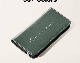 Custom Personalized Name Wallet Phone Case, Vegan Leather Card Holder Case iPhone 17 16 15 Pro Samsung Galaxy S26 Ultra, Fathers Day Gift