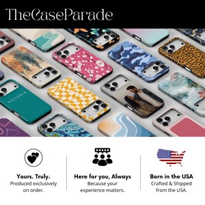 May include: A collection of smartphone cases featuring diverse designs including floral patterns, camouflage, animal prints, abstract waves, and a personalised case with the name Victoria. The text TheCaseParade is visible at the top.