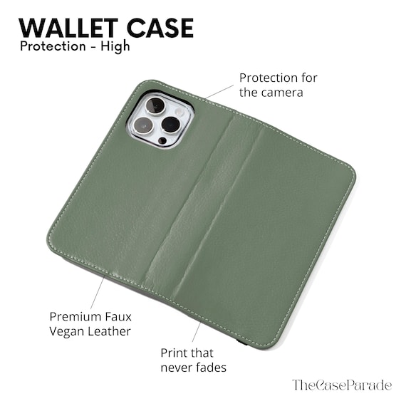 Sage Green Minimalist Chic Wallet Phone Case, Vegan Leather Card