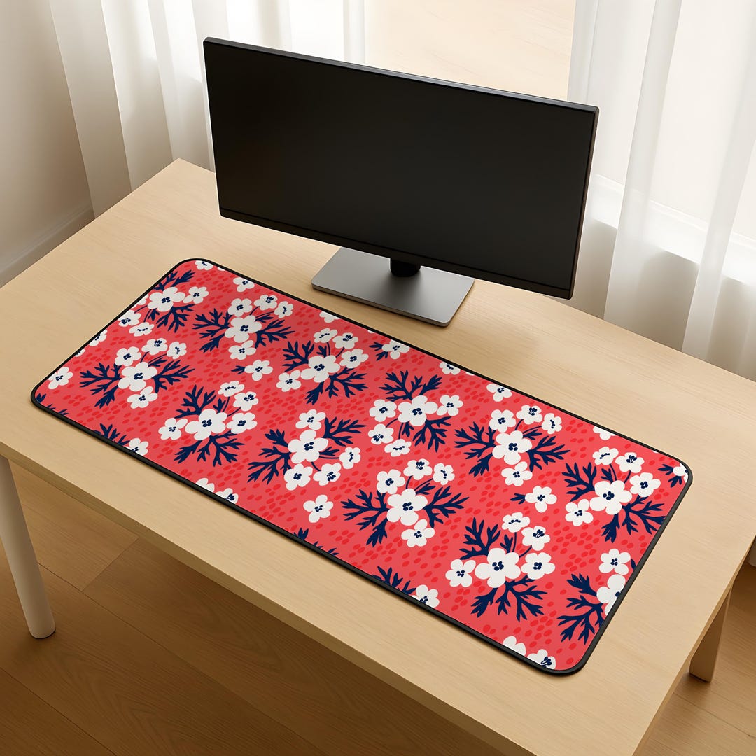 Red Floral Botanical Desk Mat | Aesthetic Gaming Desk Mat | Kawaii Cute ...