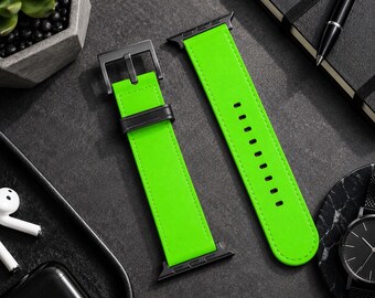 Neon Green Solid Minimalist Apple Watch Band, Vegan Faux Leather Strap, Series 3 4 5 6 7 8 9 10 11 SE Ultra iWatch Band