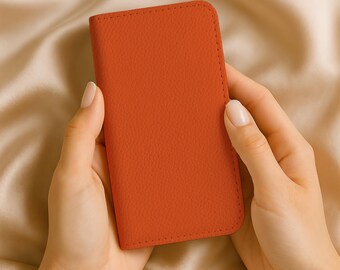 Pomarańczowy, minimalistyczny, modny portfel na telefon, etui ze skóry wegańskiej na karty iPhone 18 17 16 15 14 Pro Samsung Galaxy S26 S25 S24 Plus Ultra