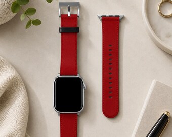 Dark Red Solid Minimalist Apple Watch Band | Vegan Faux Leather Strap | Series 3 4 5 6 7 8 9 10 11 SE Ultra iWatch Band